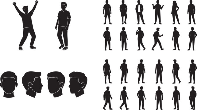 Vector silhouette mega set with young men profiles, cheering person, group standing, and diverse male models posing.