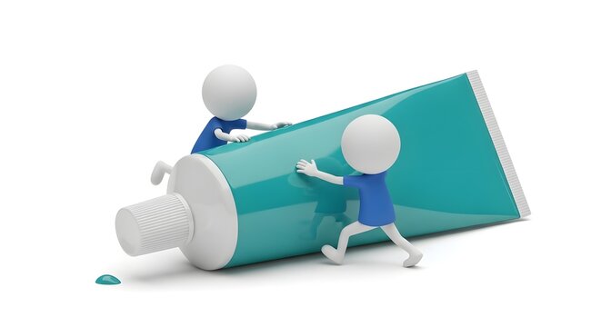 Little characters in blue shirts squeezing a toothpaste tube
