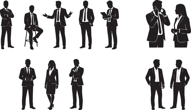 Detailed silhouettes of business people and professionals communicating, standing, and presenting in formal suits for corporate networking concepts