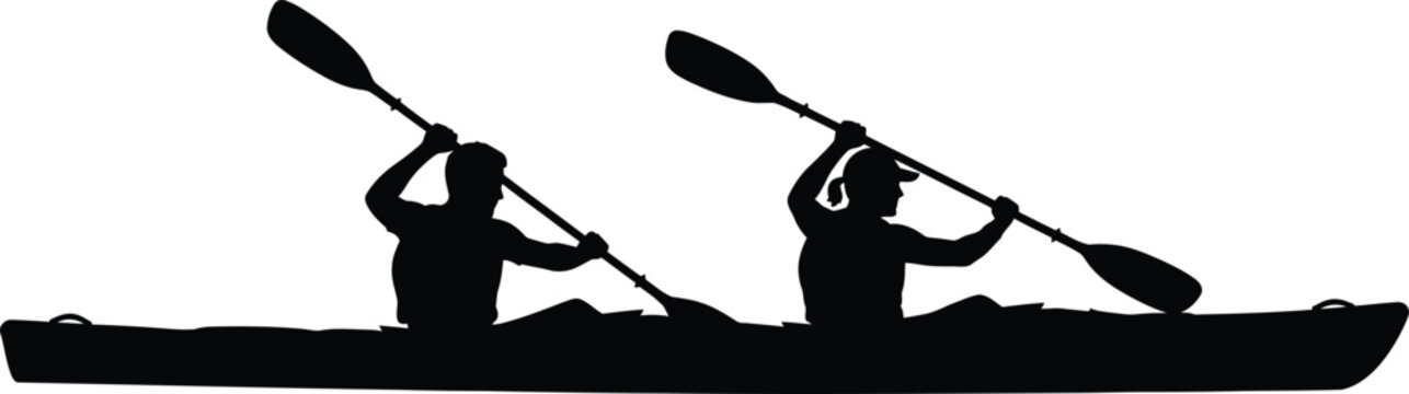 Two people kayaking on a boat with oars up  teamwork and adventure