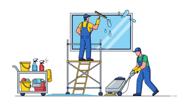 Professional Window Cleaning Service: Two uniformed workers, one on scaffolding and another with a floor buffer, meticulously clean a large office window and floor.