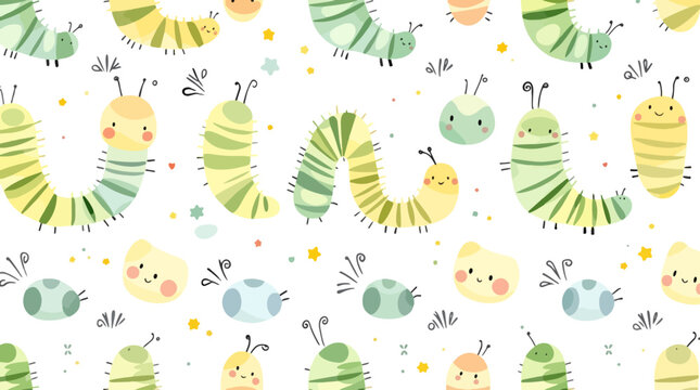 Happy Watercolor Worms Crawling Among Flowers, Stars, and Tiny Wonders