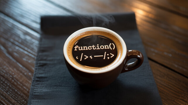 A "coffee-to-code" Concept, Showing A Dark Espresso Cup Where The Swirling Cream Forms Complex Javascript Code And Synta