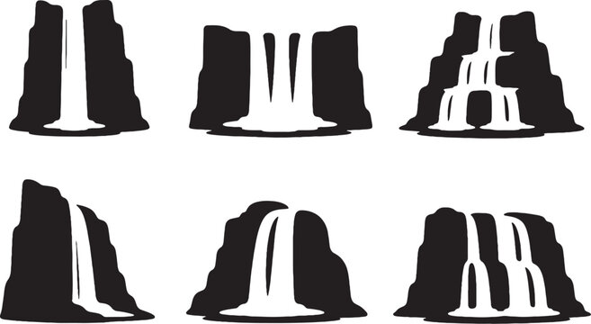 Waterfall silhouette set black vector cascade cliff jungle flowing water shapes
