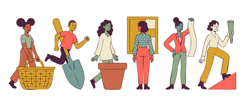 Diverse Business People Characters Set, Flat Vector Illustration of Team Activities, Office Productivity Concepts and Growth Management, Modern Professional Success Graphics for Web Design and Corpora