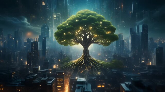 Glowing green tree with radiant roots suspended above skyscrapers, symbolizing nature thriving amidst urban progress, blending organic vitality with technological development.