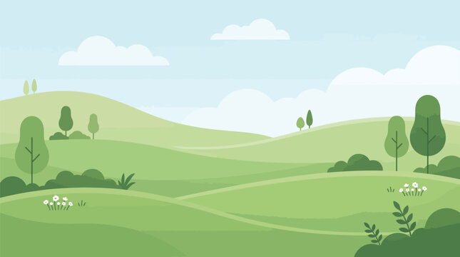 A serene, cartoon-like landscape featuring rolling green hills, fluffy clouds, and vibrant trees under a clear blue sky, perfect for a peaceful background