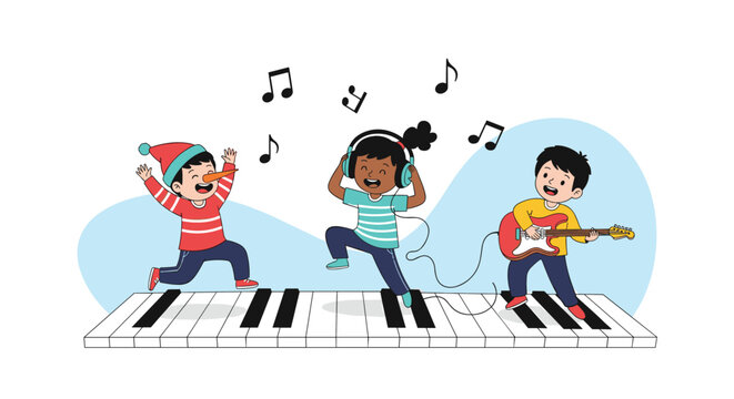 Diverse group of happy children playing musical instruments and dancing on a giant piano keyboard with musical notes.