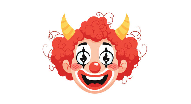Smiling clown face with bright red hair and yellow horns featuring star-shaped eye makeup on a clean white background.
