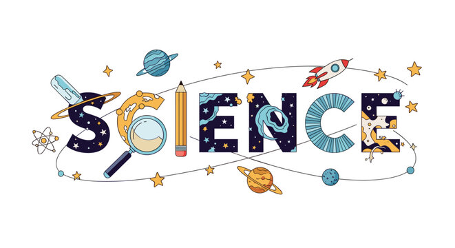 Creative science word art decorated with space and laboratory elements promotes scientific curiosity and educational exploration.
