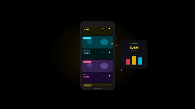 A smartphone displays a colorful interface next to a small screen showing statistics on a dark background with technology and gadgets.