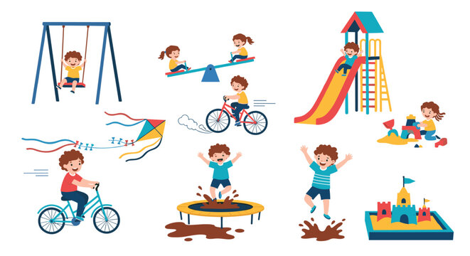 Large set of various children playing on playground equipment including swings, slides, seesaws, and sandboxes in a park.