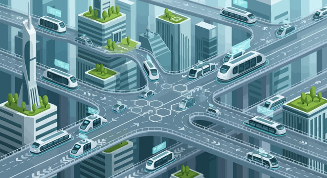 Futuristic City Transportation System with Autonomous Vehicles and Monorails