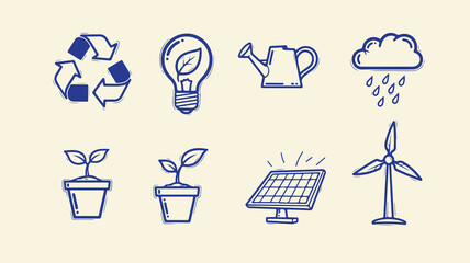 Sustainability icons set featuring solar panels watering can wind power and potted plants. © TREND AND VECTORS