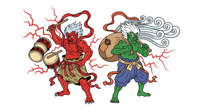 Japanese Mythology Gods Raijin and Fujin Illustration.