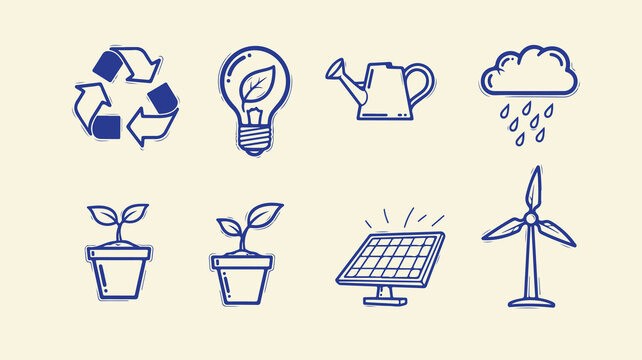 Sustainability icons set featuring solar panels watering can wind power and potted plants.