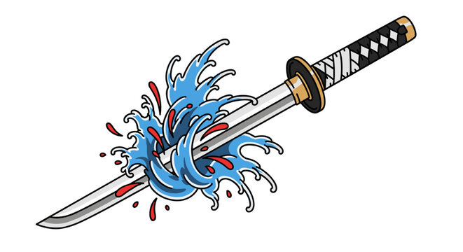 Samurai sword piercing through blue water splash.