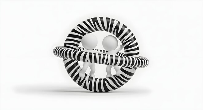 Small white figures standing inside zebra striped circles