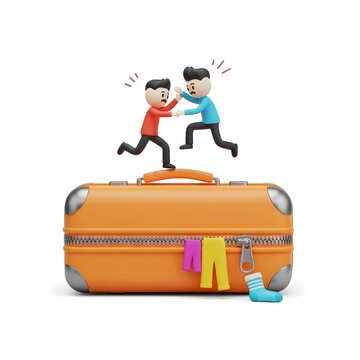 Characters struggling to close an overpacked orange suitcase
