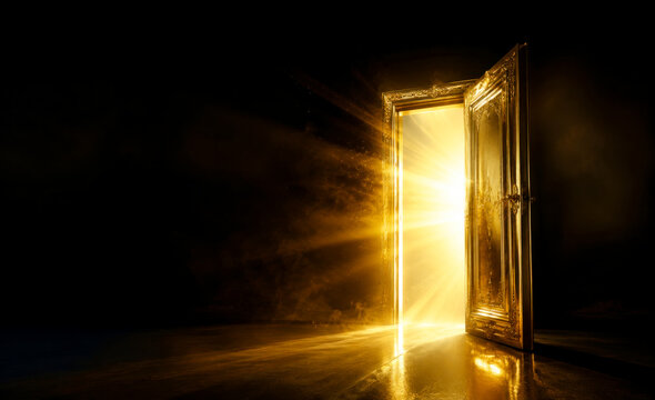 Luxurious open gold door glowing with powerful light rays on a dark abstract black background