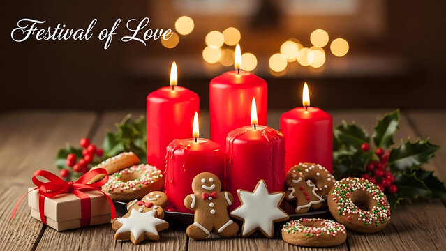 Festive composition featuring four red advent candles arranged with traditional Christmas cookies, cinnamon sticks, and star anise on a rustic wooden table for a seasonal holiday greeting card.