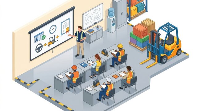 A group of trainees sits in a classroom setting while an instructor presents safety protocols for forklift operation in a warehouse environment.