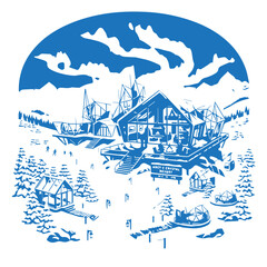 Graphic illustration of arctic crystal resort with modern geodesic domes © mina