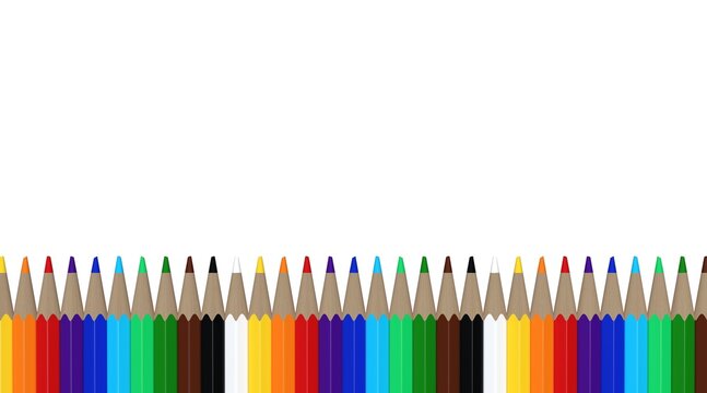 Horizontal border frame of colorful wooden pencils on white background, school and art footer banner