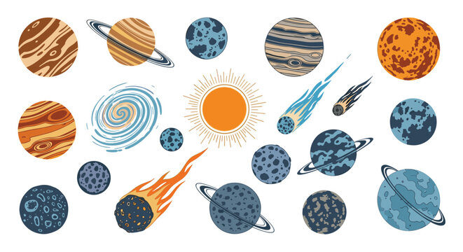 Solar system elements featuring various planets, a bright sun, spiral galaxy, comets, and asteroids on a clean white background for educational use.