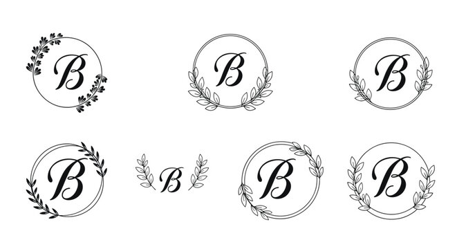 Elegant monogram designs for the letter B featuring various decorative floral and leaf wreaths in a black and white line art style.