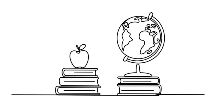 A single continuous line drawing of a stack of books with an apple on top next to a world globe standing on another pile of books representing school education