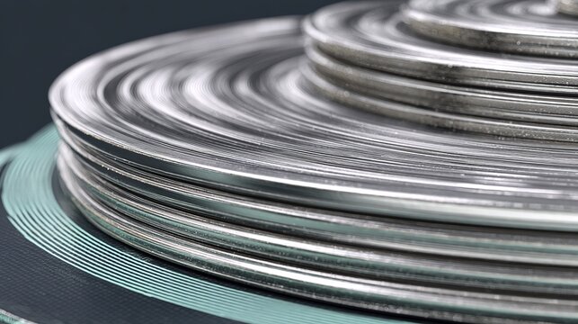 Stack of metallic circular discs arranged in a spiral pattern on a dark surface