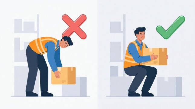 Illustration shows correct and incorrect lifting techniques for workers in a warehouse to promote safety practices during lifting tasks.