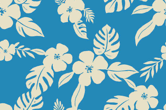 Tropical floral seamless pattern with hibiscus monstera leaves botanical summer beach wallpaper textile exotic background.
