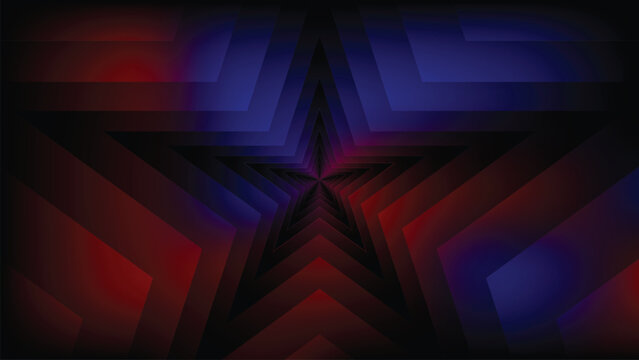 Red Blue Geometric Star Tunnel Abstract Background, Concentric Star Layers Vortex, Futuristic Neon Digital Art