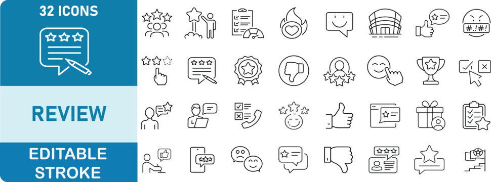 Review Line Icon Set. Contains icons customer feedback, rating, testimonial, online review, user satisfaction, client experience, service evaluation, and product review. Editable stroke. Vector illust
