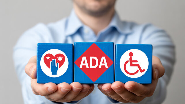 A man holding out three blue blocks with accessibility symbols and the ADA logo