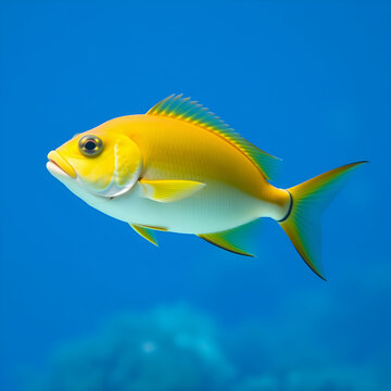 Yellowfin seabream fish swimming underwater in clear blue ocean