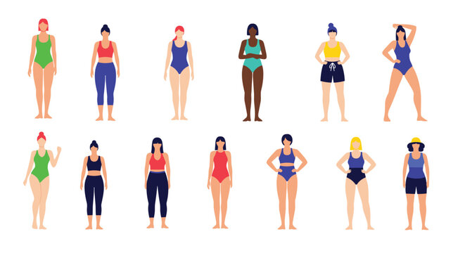Diverse group of women with different body types and skin tones wearing various swimwear and activewear outfits in a body-positive flat design.