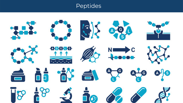 Peptides vector icons set. Amino acid chain, anti aging skin firming, and cosmetic chemistry concept elements.