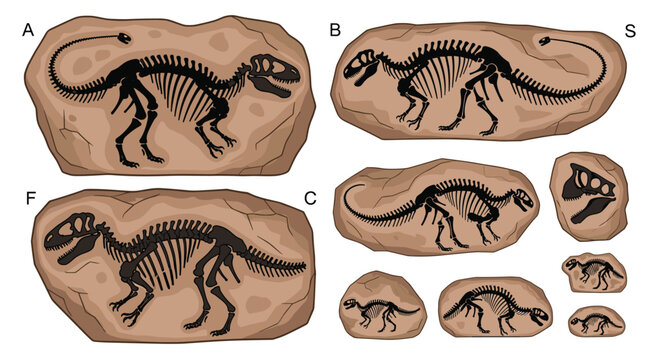 Detailed prehistoric dinosaur skeletons and fossils embedded in rock formations for paleontology and science education.