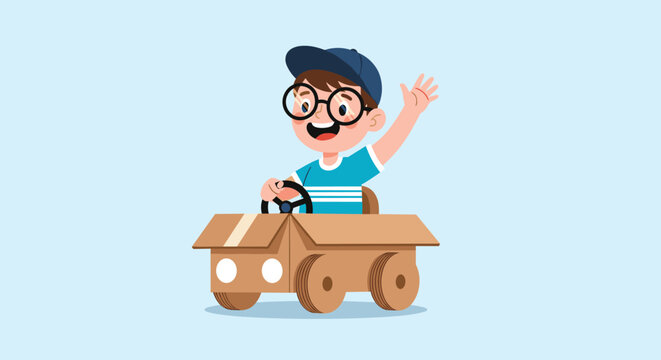 Creative young boy wearing a cap and glasses playing with his handmade cardboard box car and waving his hand happily.