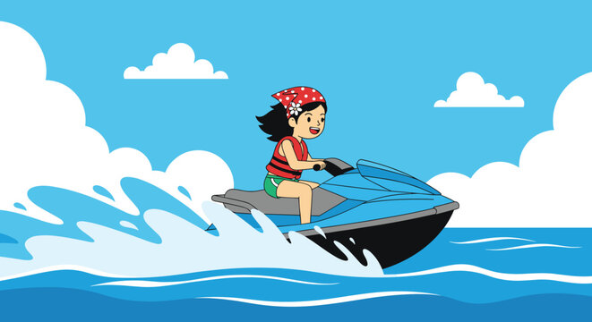 Energetic young girl wearing a life jacket and bandana riding a blue jet ski fast over the ocean waves in summer.