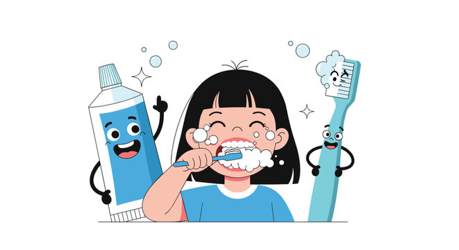 Young girl practicing good oral hygiene by brushing her teeth alongside friendly animated toothbrush and toothpaste characters.