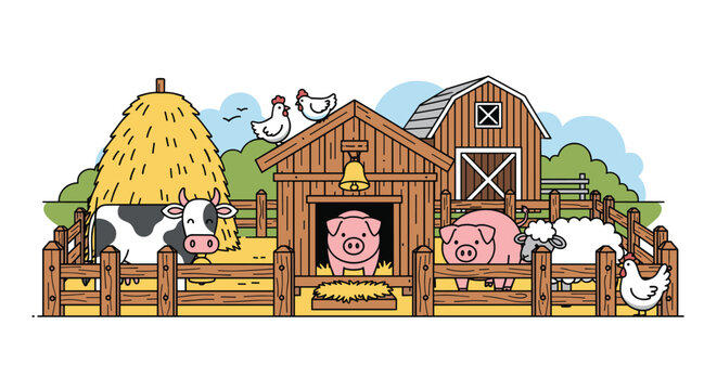 Peaceful farm scene with a cow pigs sheep and chickens inside a wooden fence with barns and a haystack in the back.