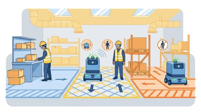 Illustration shows a warehouse scene with workers, safety zones, and robots moving about during work hours while maintaining safety protocols.