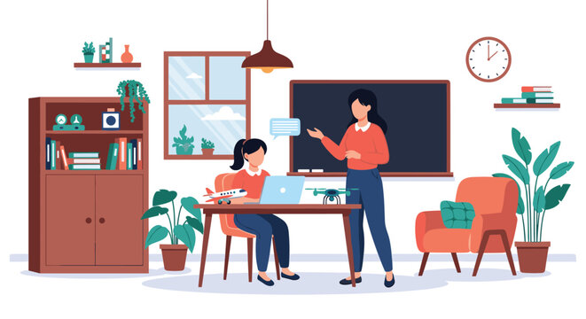 Female teacher explaining a lesson to a young female student using a laptop in a well decorated modern study room.