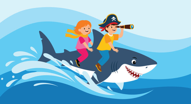 Two adventurous children ride on the back of a large friendly shark jumping through ocean waves in a fantasy setting.