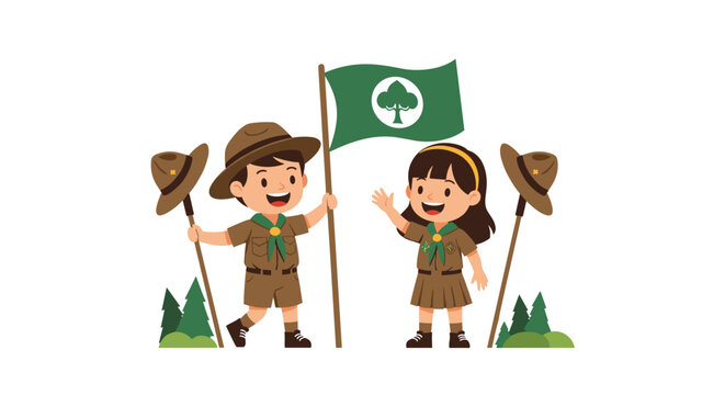 Two young boy and girl scouts dressed in full uniform stand proudly next to a green flag in a forest setting.
