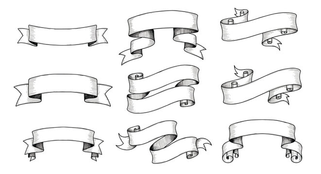 Collection of hand drawn vintage ribbon banners and scrolls provides classical decorative elements for elegant graphic design projects.